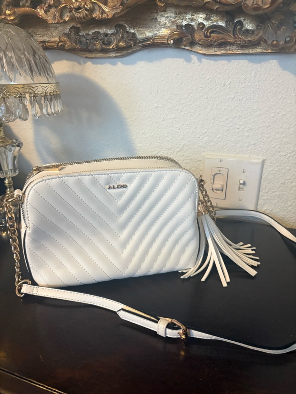 ALDO White Quilted Crossbody with Tassel and Gold Accents